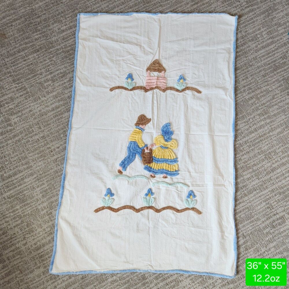 Vintage Chenille lightweight baby crib blanket throw white 33" x 55"